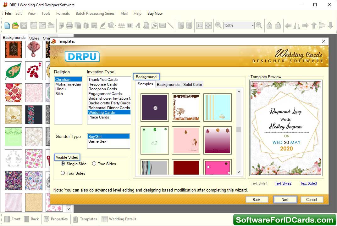 Screenshots of Wedding Cards Software to learn how to make invitation card